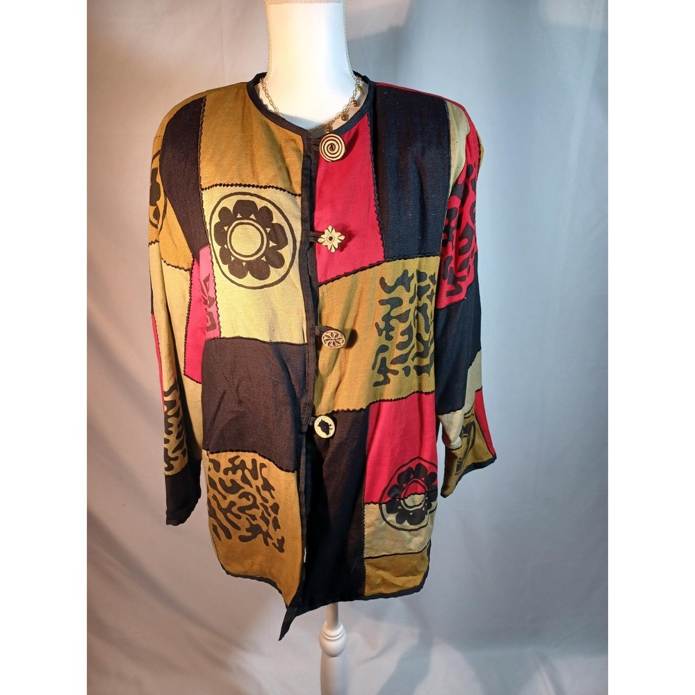 Allure Jacket Womens XL Multicolor‎ Patchwork Toggle Button Boho Artsy Art
